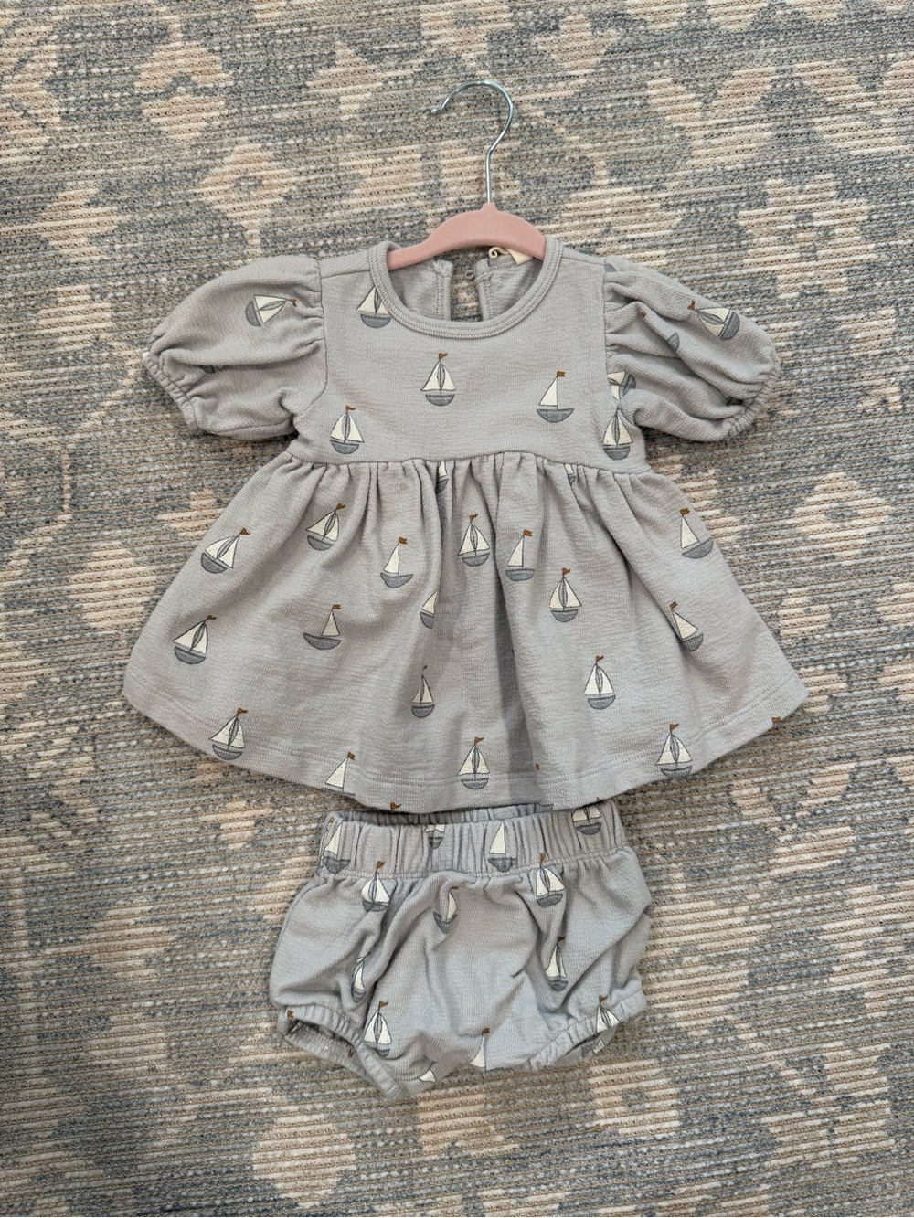 Quincy Mae Baby Sailboat Dress & Bloomer Set - Light Gray NWOT
